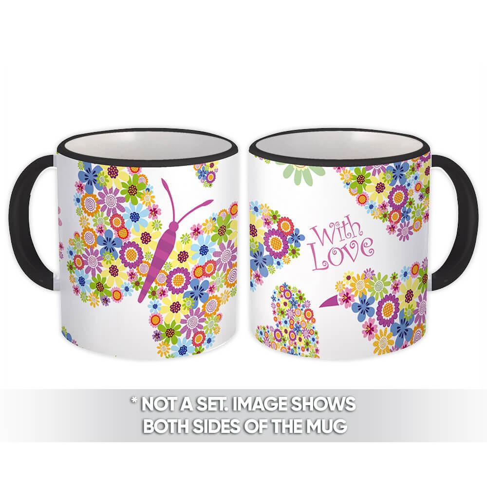 Gift Mug : Hearts Filled With Flowers Multicolored Pattern Butterfly Bird