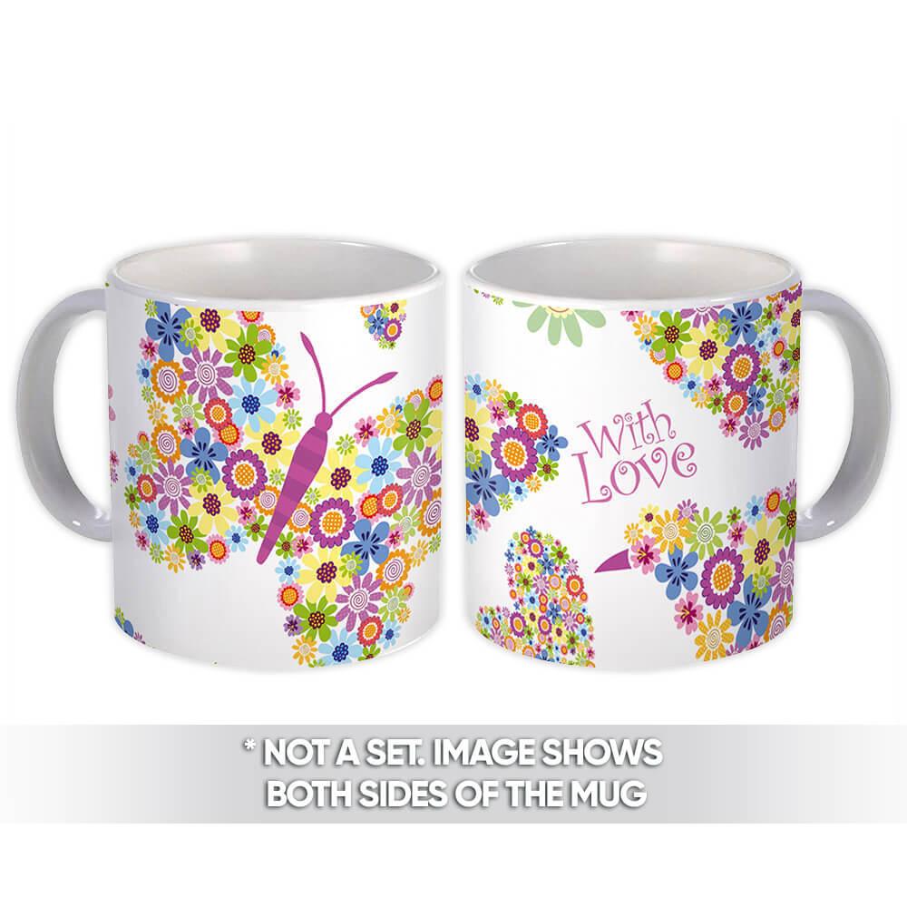 Gift Mug : Hearts Filled With Flowers Multicolored Pattern Butterfly Bird