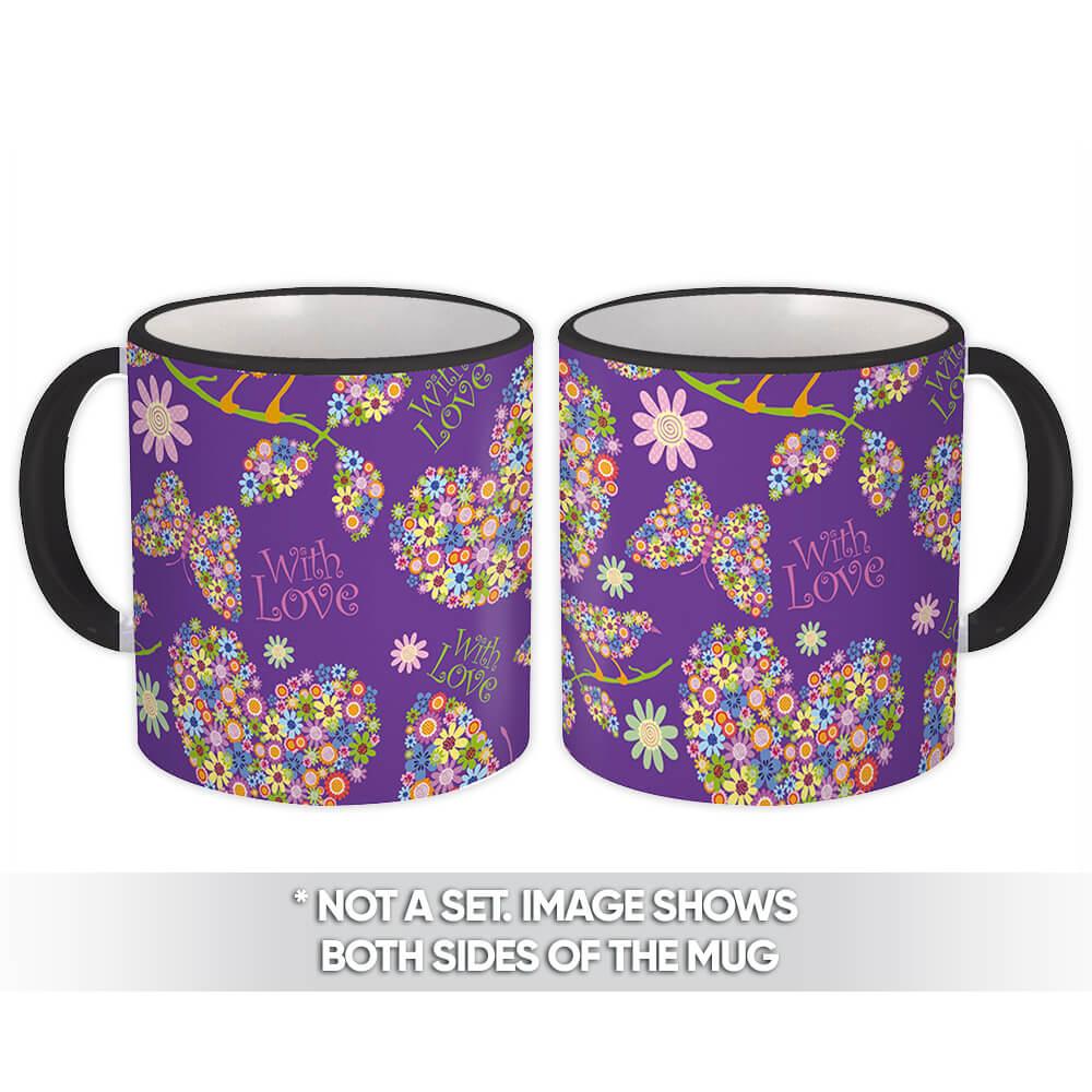 Gift Mug : Hearts Filled With Flowers Seamless Pattern Butterflies Daisies Diy