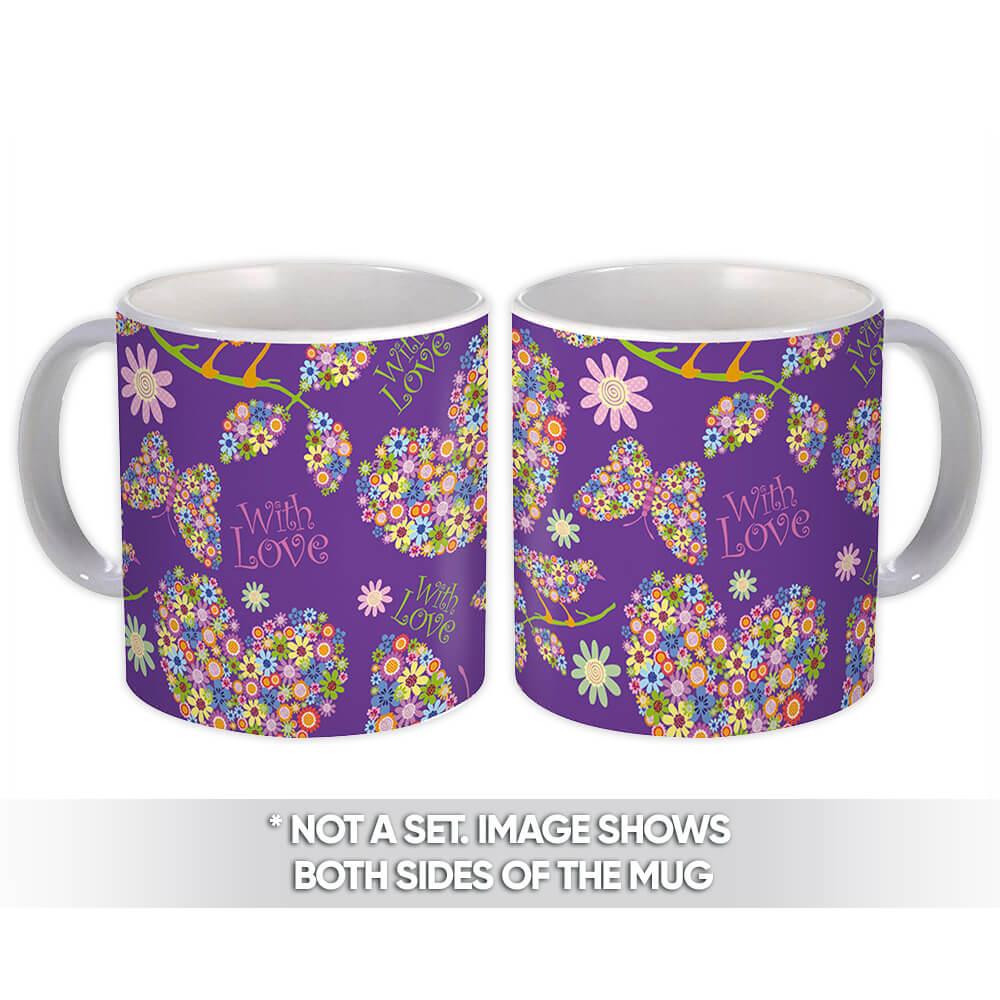 Gift Mug : Hearts Filled With Flowers Seamless Pattern Butterflies Daisies Diy