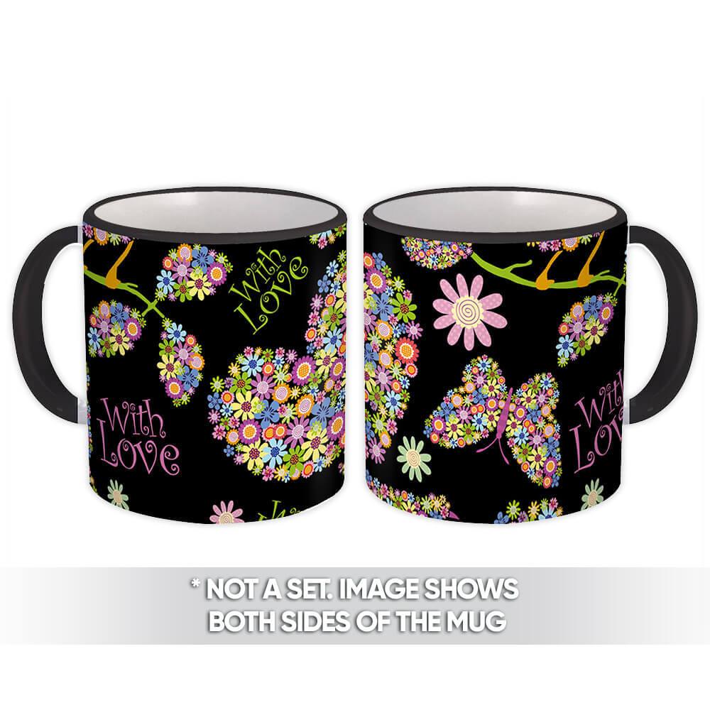 Gift Mug : Hearts Filled With Flowers Black Pattern Rainbow Butterfly Bird