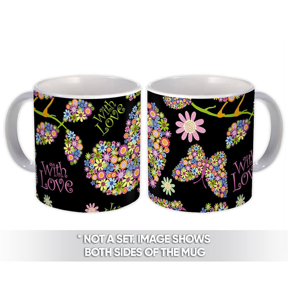 Gift Mug : Hearts Filled With Flowers Black Pattern Rainbow Butterfly Bird