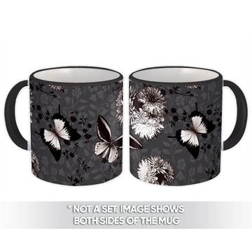 Retro Style Pattern : Gift Mug Black White Butterflies Flowers Condolence Death Vintage