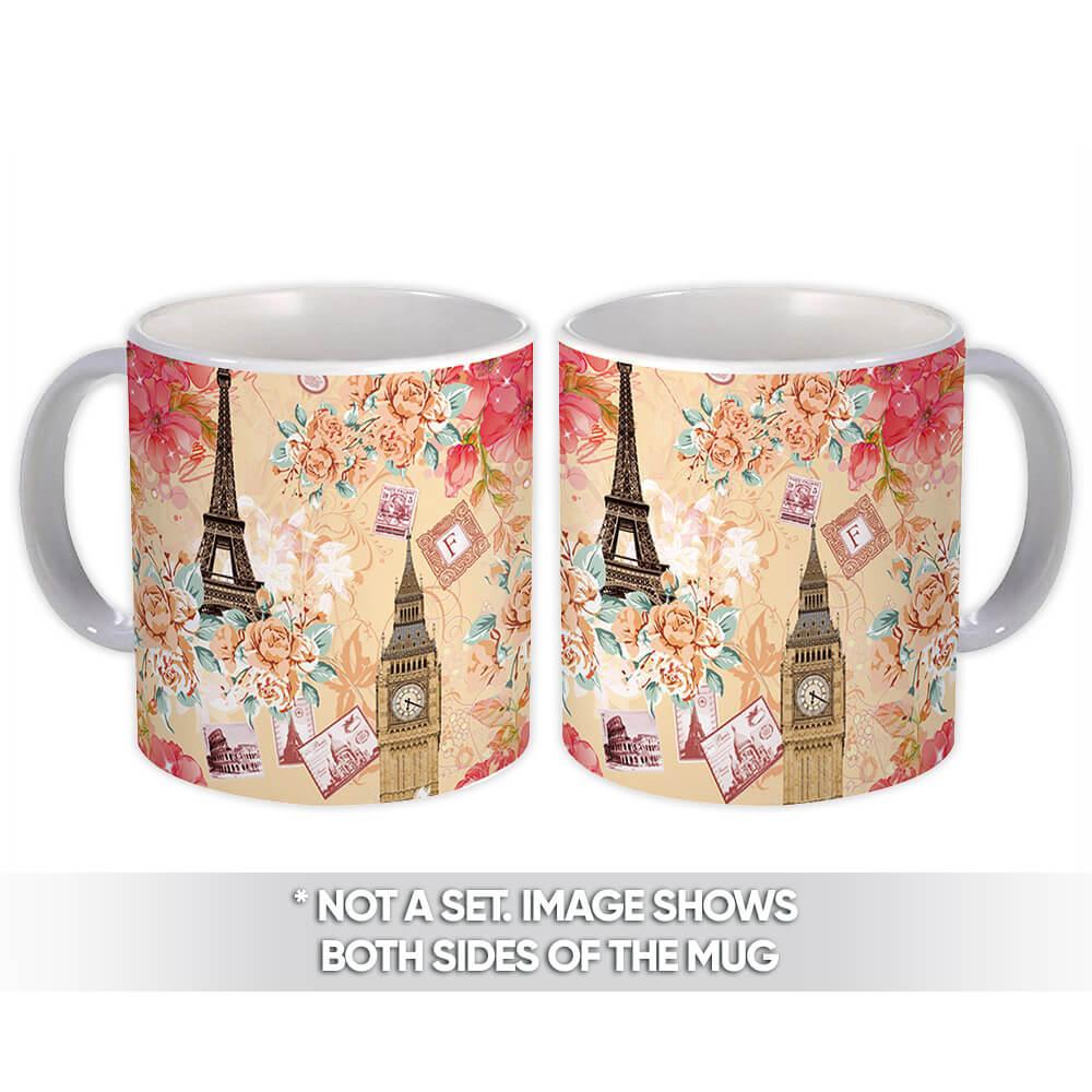 Gift Mug : Retro Europe Trip Vintage Stamps France Italy Roses Pattern Mothers