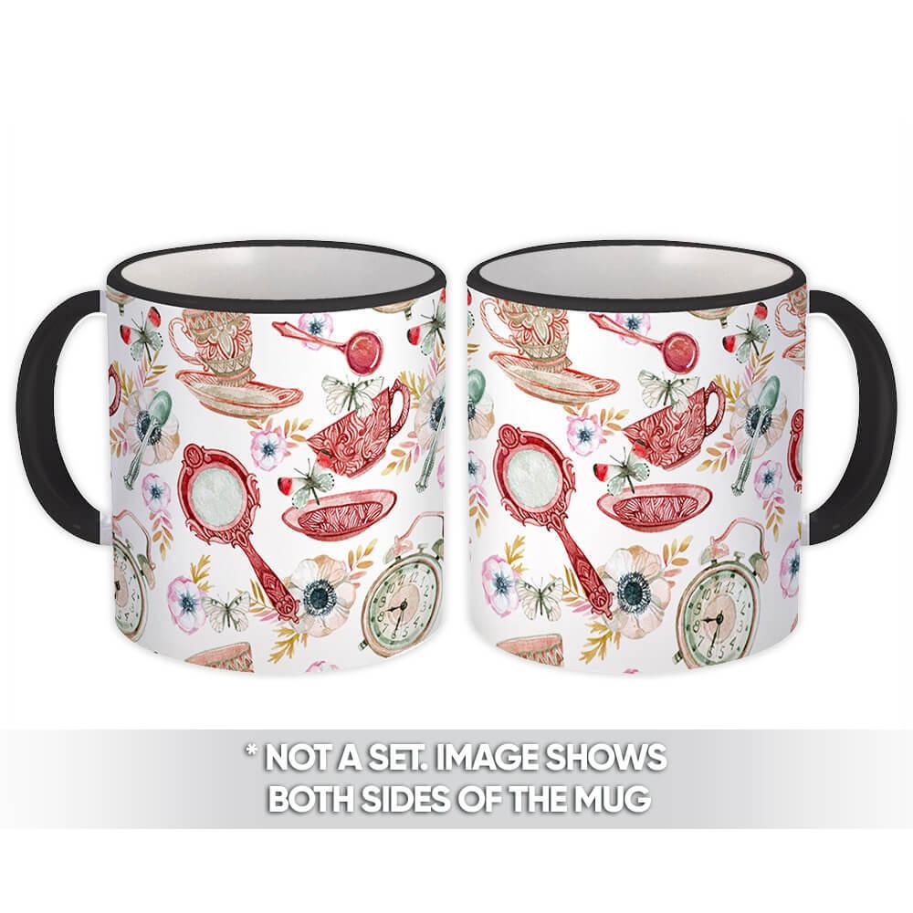Gift Mug : Tea Cup Set Plate Flowers Alarm Clock Pattern Butterflies Spoon