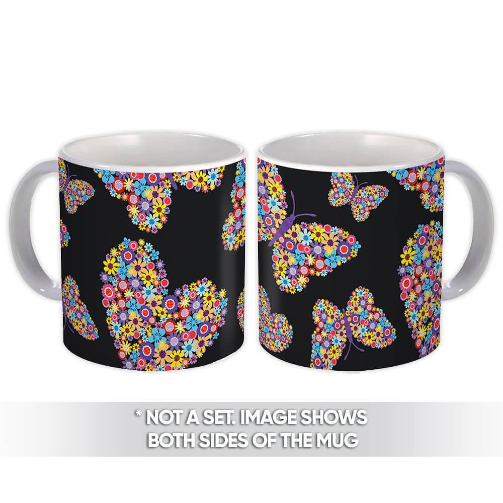 Gift Mug : Floral Butterfly Heart Pattern Filled Flowers Daisies Rainbow