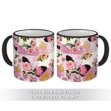 Vintage Style Pattern : Gift Mug Butterflies Filled Roses Flowers Arabesques Grandma Gold