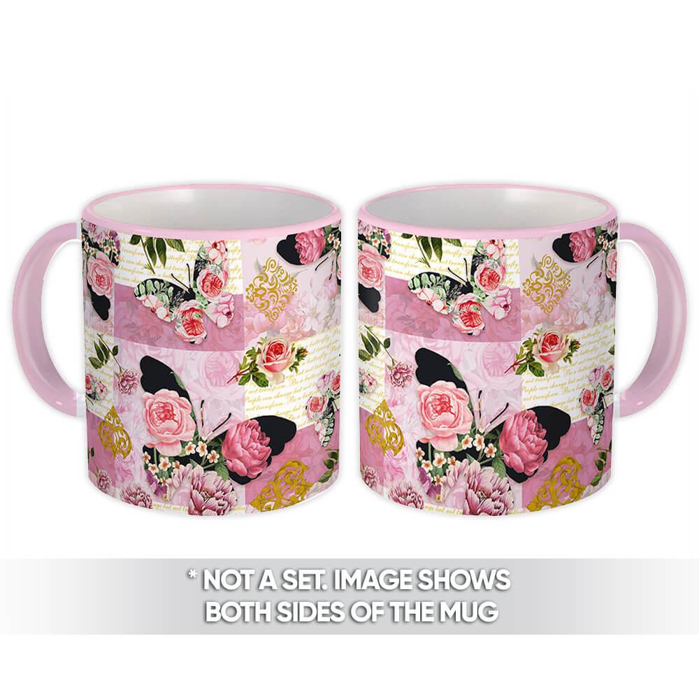 Gift Mug : Vintage Style Pattern Butterflies Filled Roses Flowers Arabesques