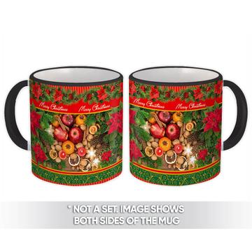 Christmas Fruits : Gift Mug New Year Celebration Pattern Arabesque Poinsettia Flower Decor