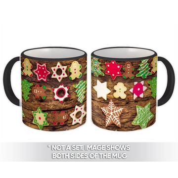 Christmas Cookies : Gift Mug Gingerbread Man Stars Treats Wooden Pattern New Year Tree