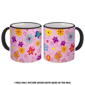 Funny Floral Pattern : Gift Mug Tulips Daisy Camellia Butterfly Plant Twigs Tiny Cute