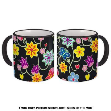Funny Floral Pattern : Gift Mug Colorful Flowers Buttercups Tulips Butterfly Folk Art