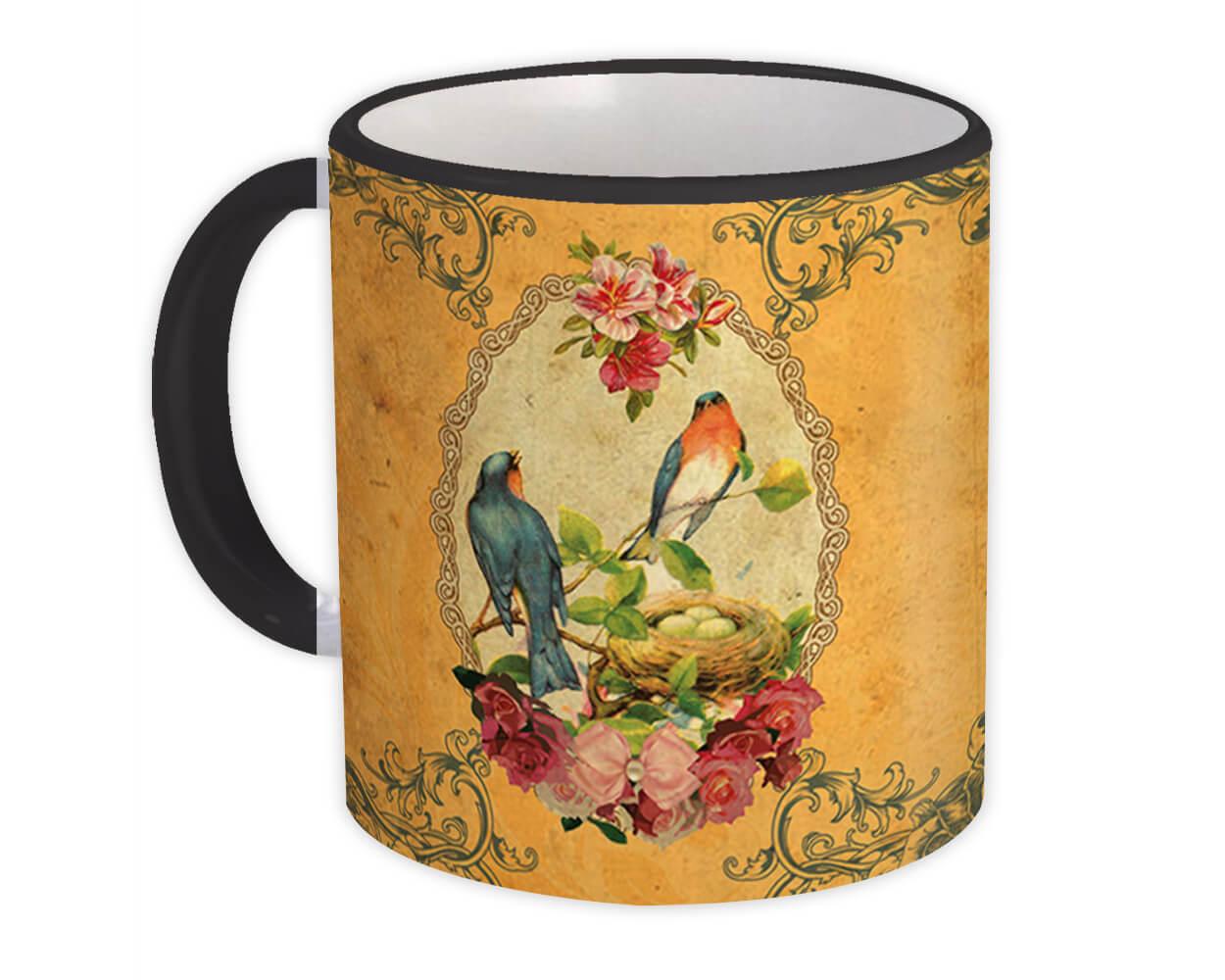 Gift Mug : Birds on Frame Flowers Vintage Antique Classic