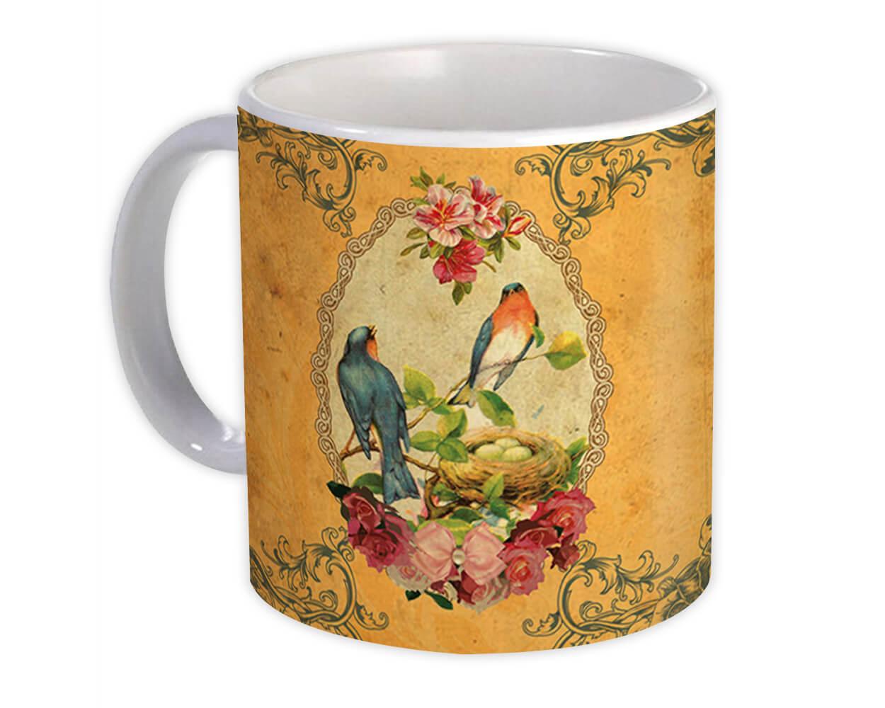 Gift Mug : Birds on Frame Flowers Vintage Antique Classic