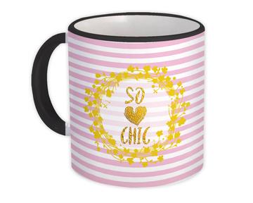 So Chic : Gift Mug Pink and White Stripes Gold Garland Heart