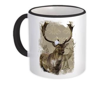 Deer Realistic Painting : Gift Mug Lotus Flower Deers Wild Animals Forest Arabesque