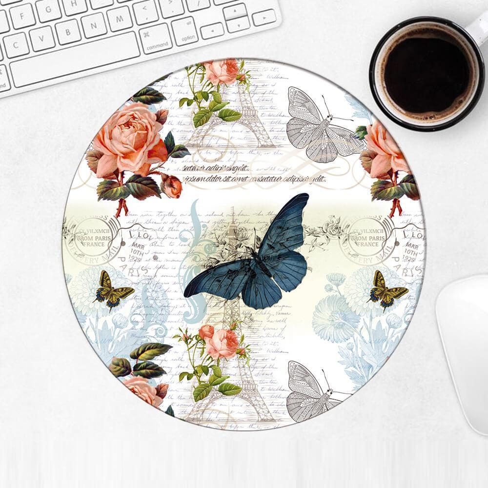 Gift Mousepad : Morpho Butterfly Pattern Flowers Eiffel Tower Silhouette Trip