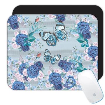 Blue Roses Butterfly : Gift Mousepad Vintage Art Miss You For Her Grandma Coworker Feminine
