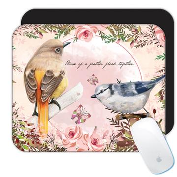 Cute Birds Plant Flower Frame : Gift Mousepad Vintage Drawing Floral Art For Her Women Friendship