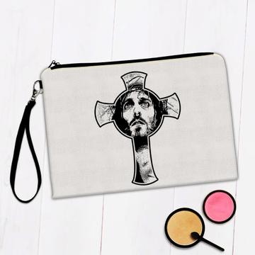 Jesus Christ Face Cross : Gift Makeup Bag Catholic Church Faith Christian Hope Grayscale