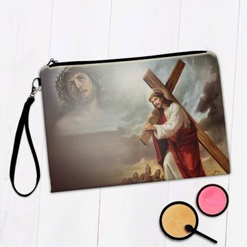 Jesus Carries The Cross : Gift Makeup Bag Station Catholic Church Sacrifice Religious Painting