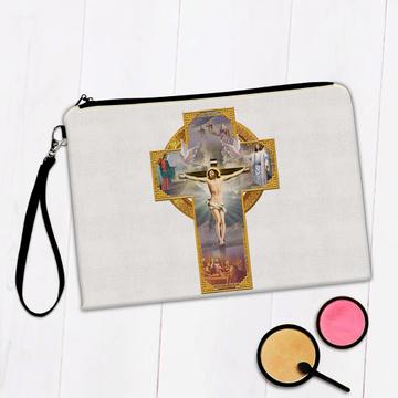 Jesus On Cross Classic Painting : Gift Makeup Bag Crucifixion Catholic Church Doves Angels