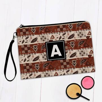Tribal Pattern Fall : Gift Makeup Bag Abstract Print Geometrical Squares Triangle Leaves Autumn Fabric