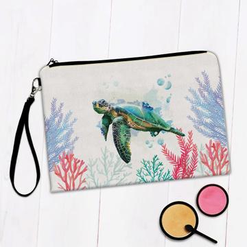 Turtle Photographic Print : Gift Makeup Bag For Turtles Lover Underwater Life Animal Corals Poster