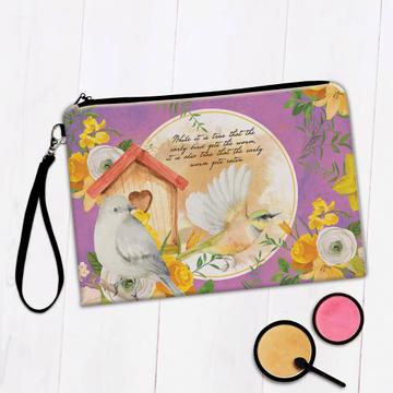Spring Flowers Birds : Gift Makeup Bag Inspiring Quote Narcissus Rose Bird Lover Retro Art Print