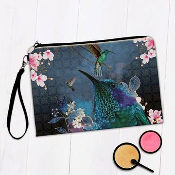 Hummingbird  : Gift Makeup Bag Colibri Flowers Dark Blue