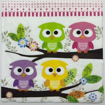 Set of 2 Decoupage Paper Napkins Owl Cute Kids Colorful Flower Design DIY Decor