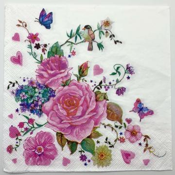 Set of 2 Decoupage Paper Napkins Pink Roses Flower Floral Butterfly Design DIY Decor