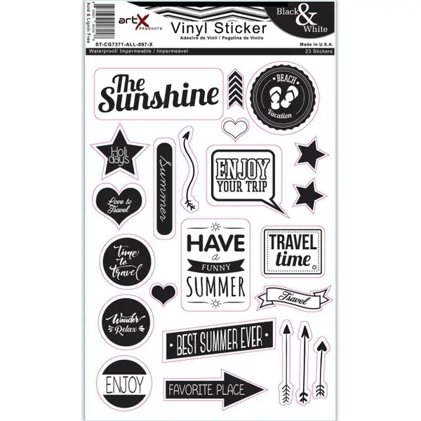Stickers - Travel - Travel Summer Tourist Sticker Sheet Black & White  Scrapbook Planner Vinyl Waterproof