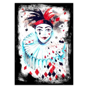 Clown Watercolor Print : Gift Sticker Pierrot Harlequin Card Deck Diamonds Game Painting