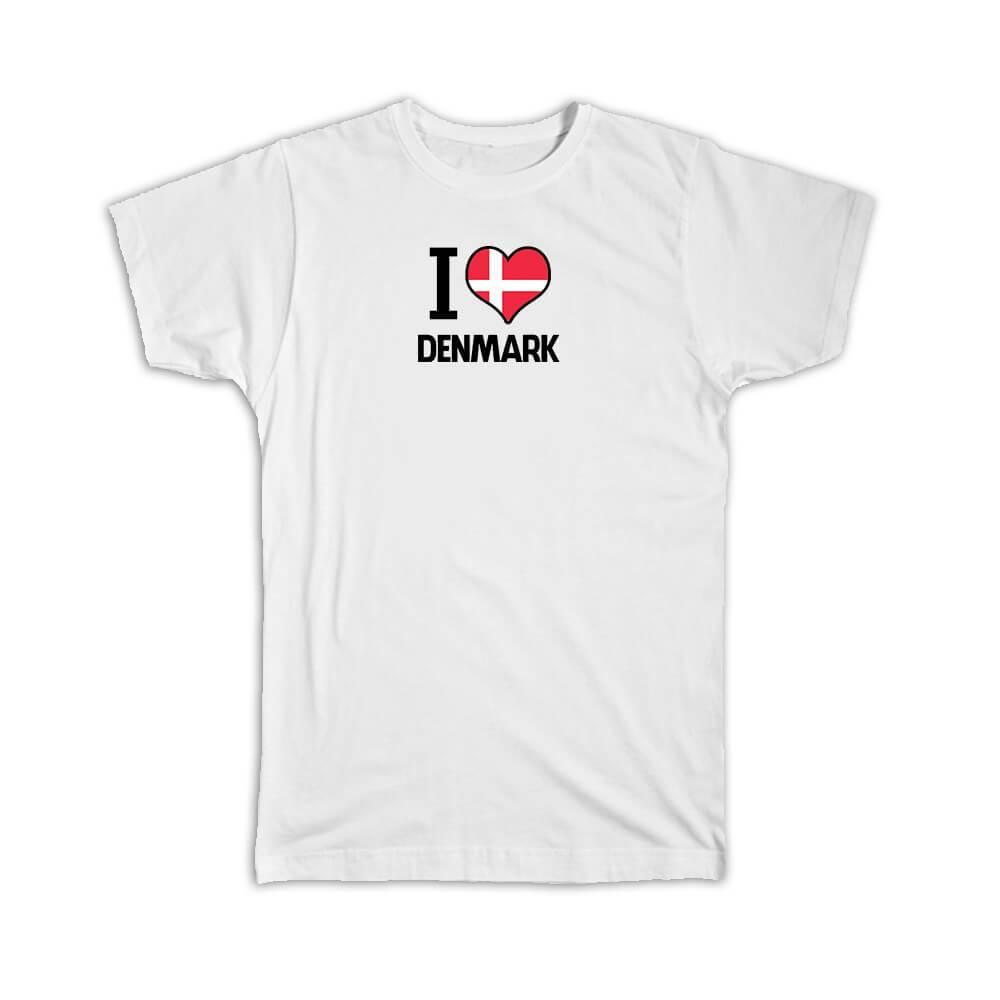 Gift T-Shirt : I Love Denmark Flag Heart Country Crest Danish Expat