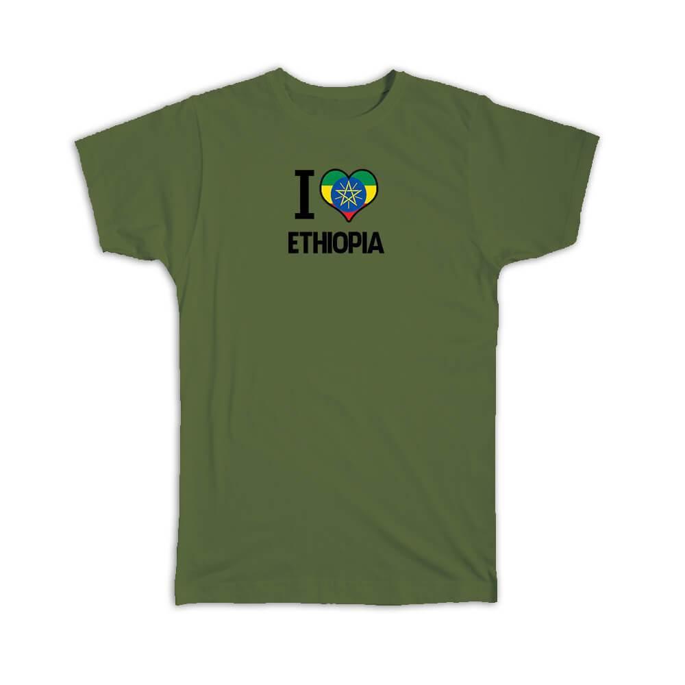 Gift T-Shirt : I Love Ethiopia Flag Heart Country Crest Ethiopian Expat
