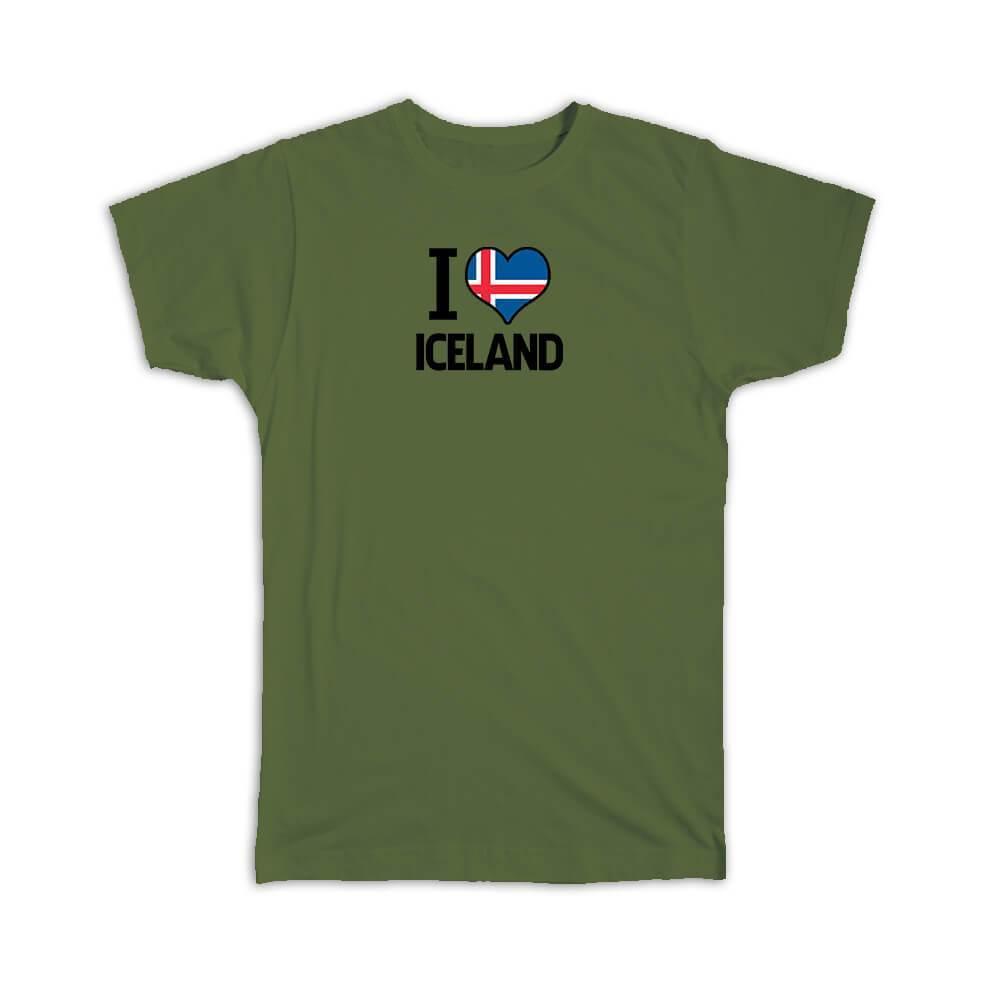 Gift T-Shirt : I Love Iceland Flag Heart Country Crest Icelandic Expat