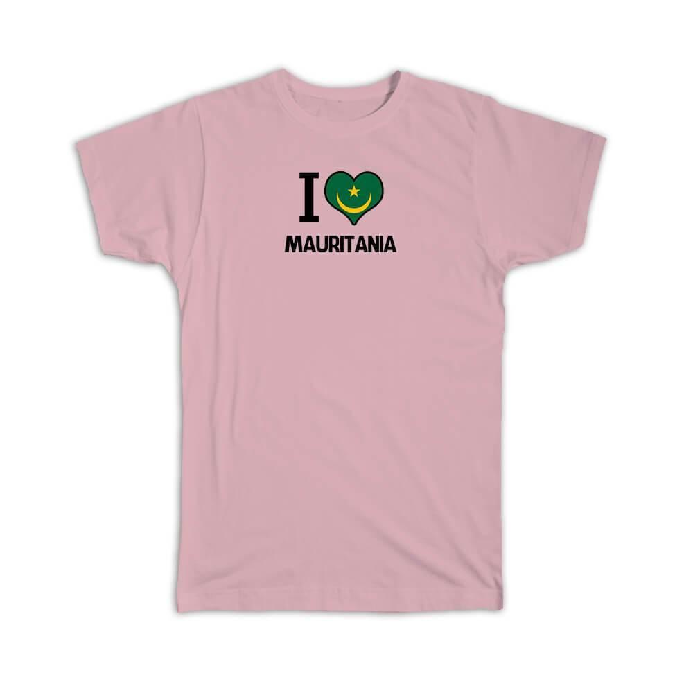 Gift T-Shirt : I Love Mauritania Flag Heart Country Crest Mauritanian Expat