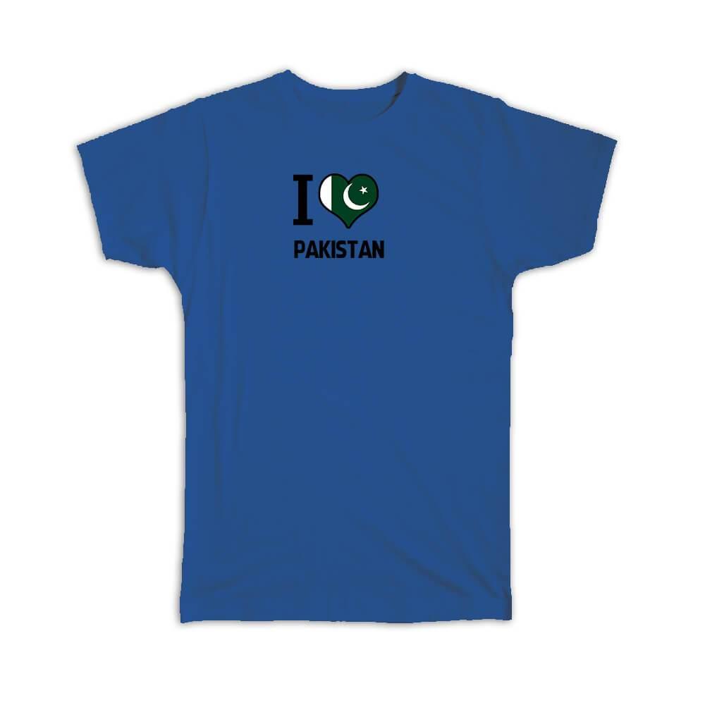 Gift T-Shirt : I Love Pakistan Flag Heart Country Crest Pakistani Expat