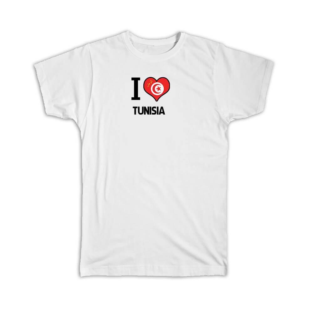 Gift T-Shirt : I Love Tunisia Flag Heart Country Crest Tunisian Expat