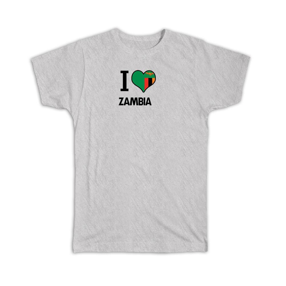 Gift T-Shirt : I Love Zambia Flag Heart Country Crest Zambian Expat
