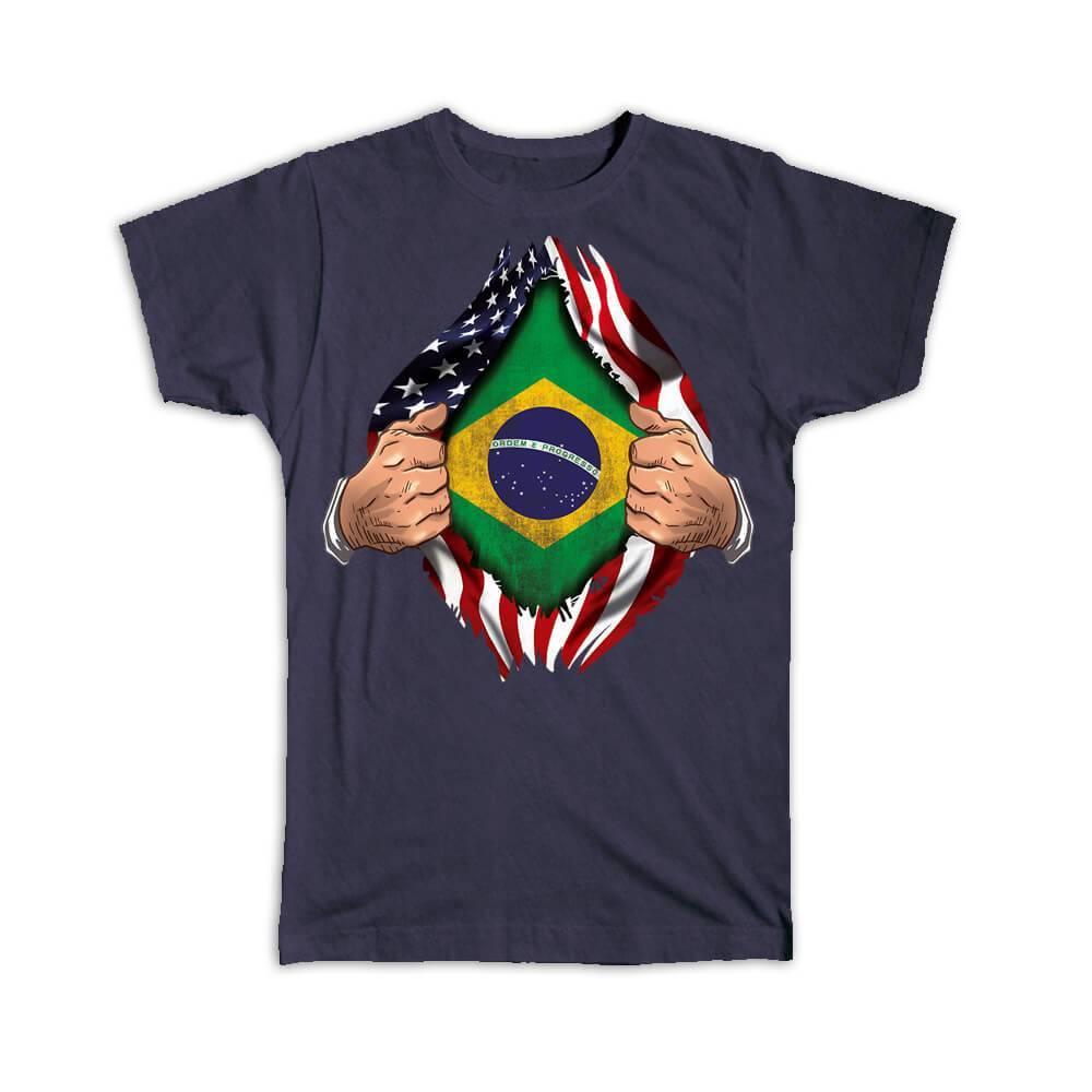 Gift T-Shirt : Brazil Flag USA American Chest Expat Country Brazilian - Picture 7 of 14
