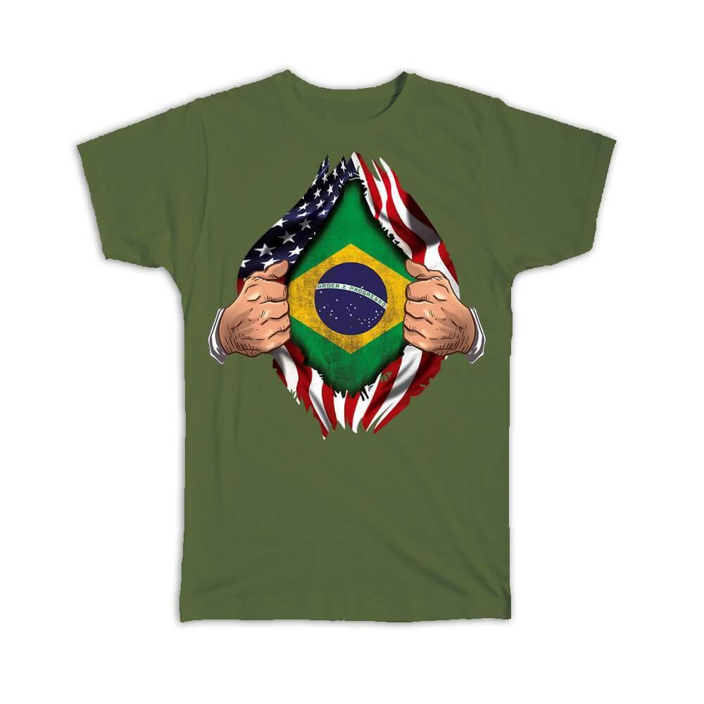 Gift T-Shirt : Brazil Flag USA American Chest Expat Country Brazilian - Picture 8 of 14