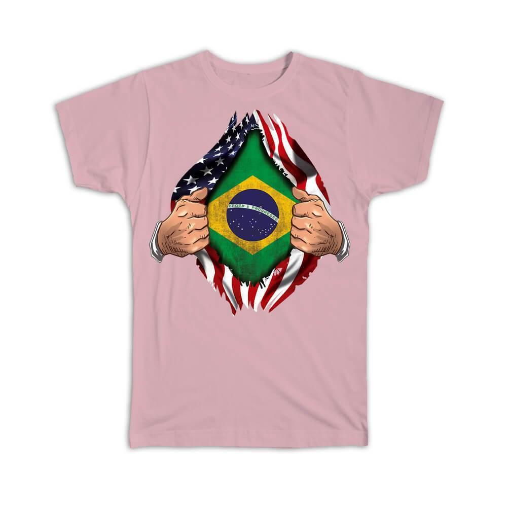 Gift T-Shirt : Brazil Flag USA American Chest Expat Country Brazilian - Picture 9 of 14