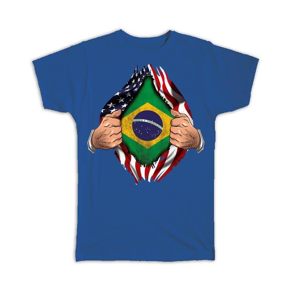 Gift T-Shirt : Brazil Flag USA American Chest Expat Country Brazilian - Picture 12 of 14