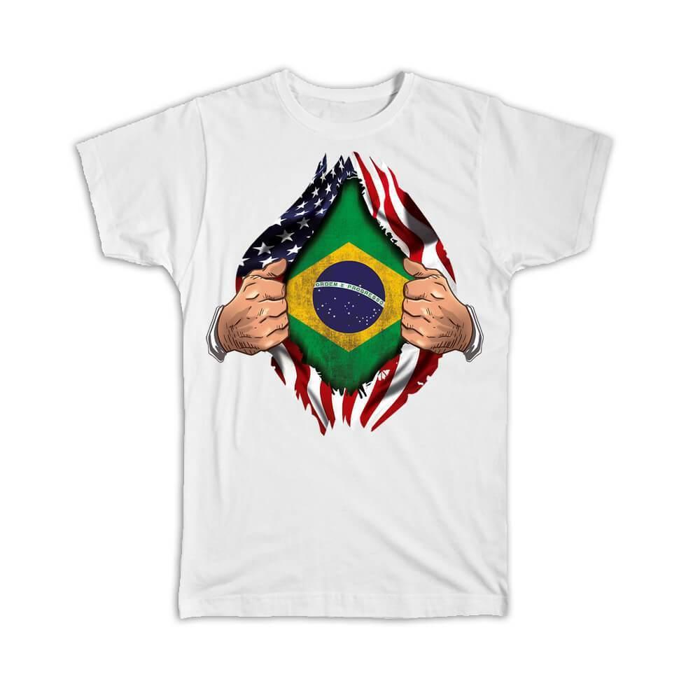 Gift T-Shirt : Brazil Flag USA American Chest Expat Country Brazilian - Picture 13 of 14