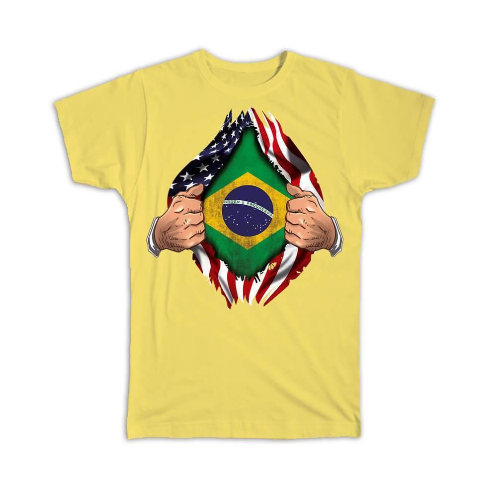 Gift T-Shirt : Brazil Flag USA American Chest Expat Country Brazilian - Picture 14 of 14