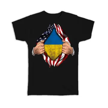 Ukraine : Gift T-Shirt Flag USA American Chest Ukrainian Expat Country