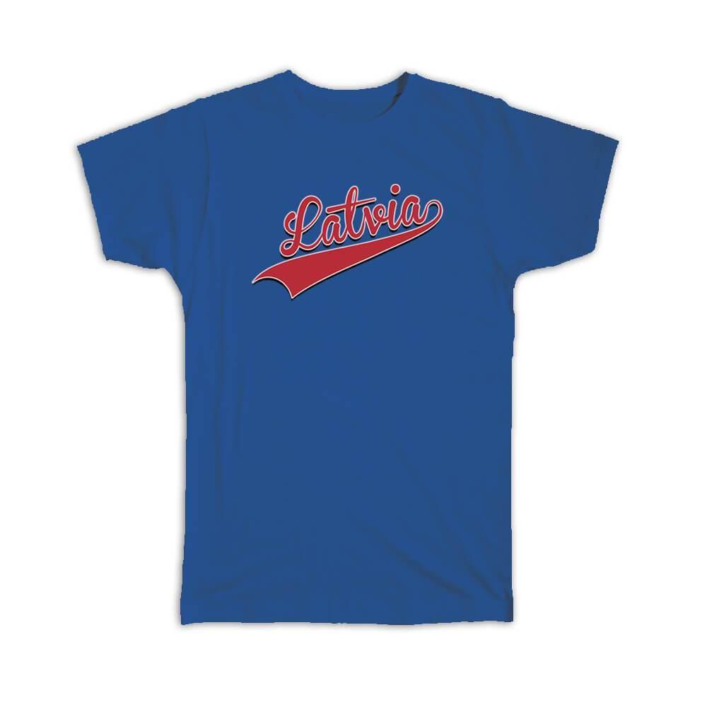 Gift T-Shirt : Latvia Flag Varsity Script Baseball Beisbol Country Pride Latvian