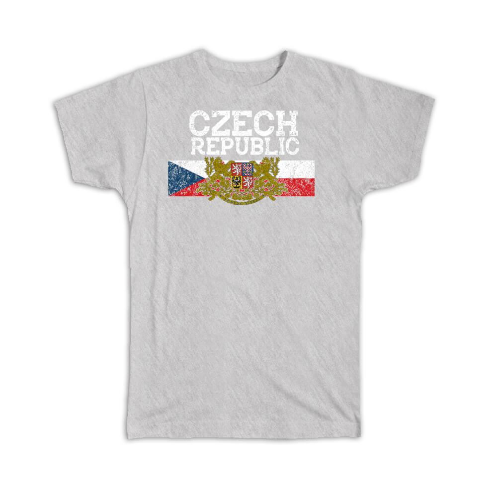 Gift T-Shirt : Czech Coat Of Arms Republic National Flag Lion Symbol Retro Style